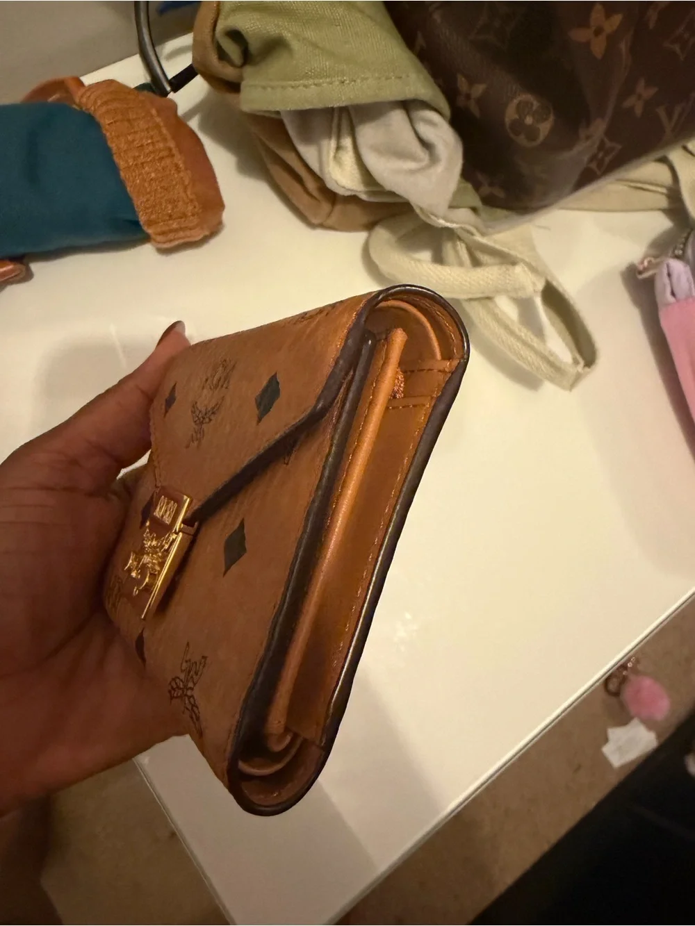 MCM Cognac Logo Envelope Card Holder with Gold Lock